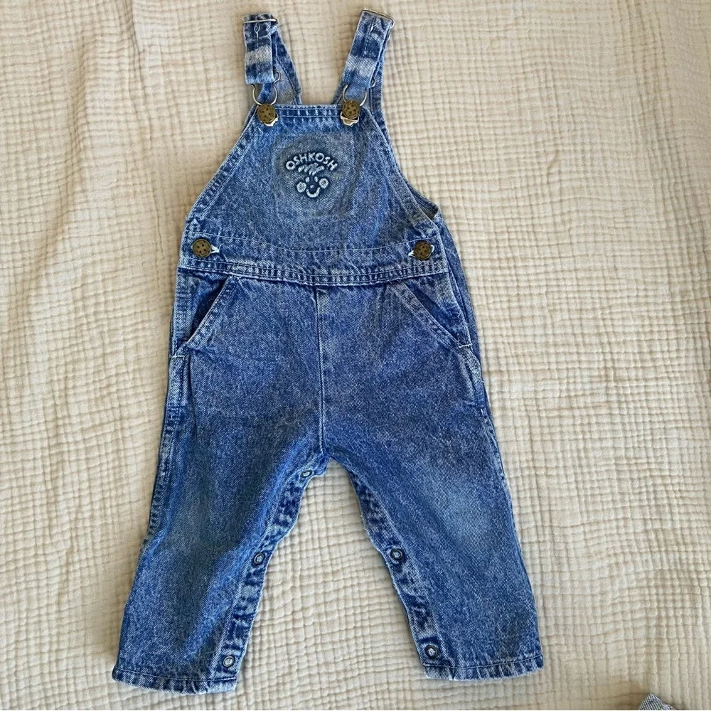 Vtg 80s Oshkosh Acid Wash Denim Overalls Size 18mo Classic Retro Country Blue